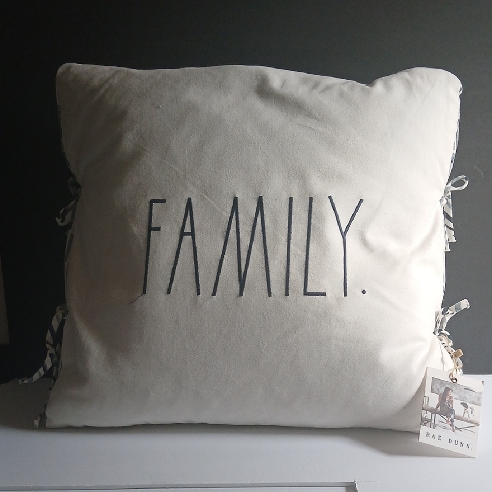 Rae Dunn Cream & Blue Tie Throw Pillow with Black "FAMILY." Embroidery NEW